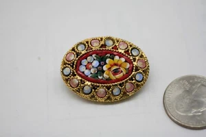 Vintage Italian Micro Mosaic Floral Brooch Oval Floral R4 - Picture 1 of 3