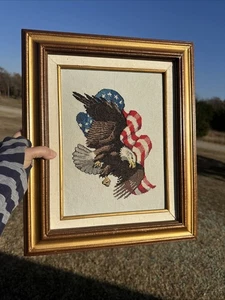 Vintage Needlepoint America Bald Eagle With American Flag USA Patriotic Framed - Picture 1 of 12