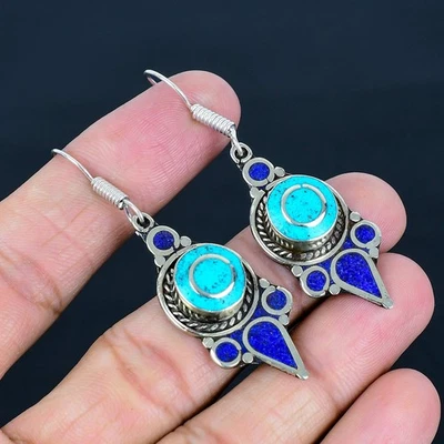 Orecchino nepalese tibetano argento sterling 925 etnico lapislazzuli... - Immagine 1 di 4
