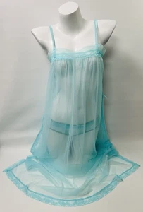 Vintage 60s Aqua Sheer Chiffon Babydoll Nightie Bloomer Peignoir Gown Set Sz SM - Picture 1 of 17