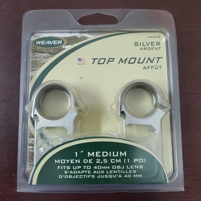 WEAVER 49032 Top Mount Scope Rings 1” Medium Silver New Plastic Sealed NOS - Image 1 of 2