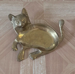 Vintage Solid Brass Cat Trinket Dish Made In India - Picture 1 of 5