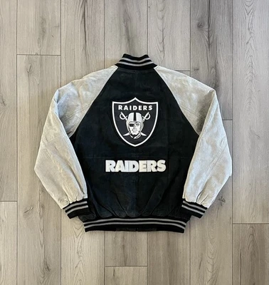 Винтажная кожаная замшевая куртка 90-х NFL Oakland Raiders большая университетская серебристая NBA - Изображение 1 из 4