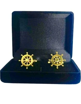 GOLD Wheel Helm Rudder Sailing Cufflinks   Wedding UK SELLER IN A CUFFLINK BOX - Image 1 of 2