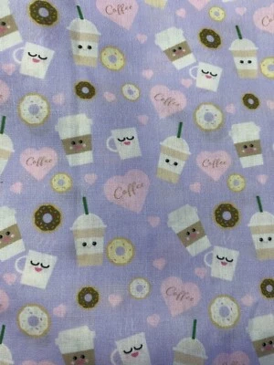 Coffee Love Donut Lindo Kawai Café Pastel Ligero Polialgodón Tela 1/2 yarda Foto 1 de 3