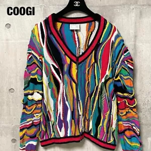 COOGI sweater 3D knit Full Zip V-Neck US M Cotton Multicolor Body width 65cm - Picture 1 of 11
