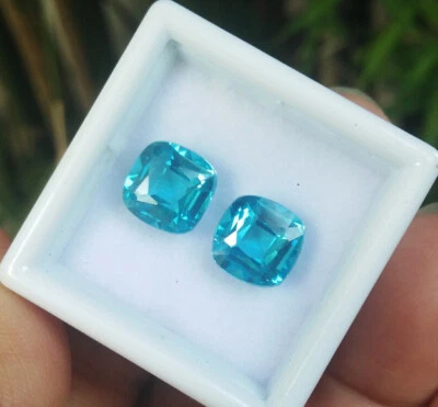 Pair 4.60cts_8x8mm. CUSHION NEON BLUISH GREEN PARAIBA COLOR Top Created Gems! - Image 1 of 4