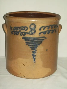Primitive #3 Stoneware Crock ~ Unique Cobalt Blue Tornado Design ~ Displays Well - Picture 1 of 11
