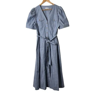Calvin Klein Puff Sleeve Midi Dress Size 12 Chambray Button Front Belted Career - Picture 1 of 14