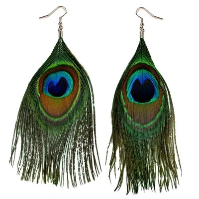 REAL PEACOCK FEATHER EARRING PAIR Bird Dangle Jewelry Green Natural Light Weight - Image 1 of 3
