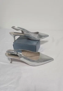 910 French Connection Quinn Slingback Kitten Heel Pumps Silver Pointed Toe Sz 10 - Picture 1 of 10