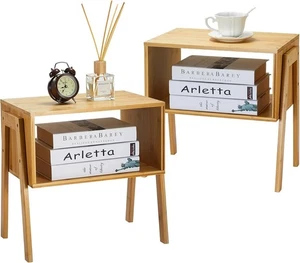 Bamboo Stackable End Tables, Wood Living Room Nightstand, Bedside Table - Picture 1 of 17