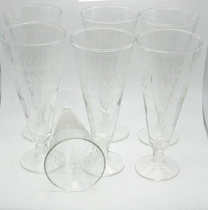 Vintage Clear Etched  Laurel Leaf 7" Footed Pilsner Glasses - SET OF 7 - Picture 1 of 6