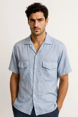 Рубашка мужская Gianni Versace с коротким рукавом на пуговицах средняя синяя льняная летняя - Изображение 1 из 4