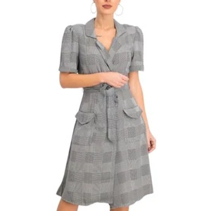 NEW MANGO Printed Bow Dress Medium Preppy Academia Padded Shoulder Minimalist  - Picture 1 of 11