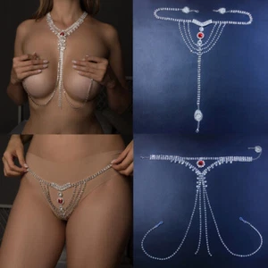 Rhinestone Sexy Body Chain Lingerie Red crystal Thong Panties Jewelry for Women - Picture 1 of 21