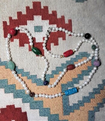 MIRIAML CULTURED PEARL CARVED MULTI GEMSTONE STERLING SILVER 22K NECKLACE - Image 1 of 4