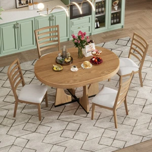 5pc Round Extendable Dining Retro with Chairs Set, 16" Removable Leaf, Natural - Picture 1 of 23