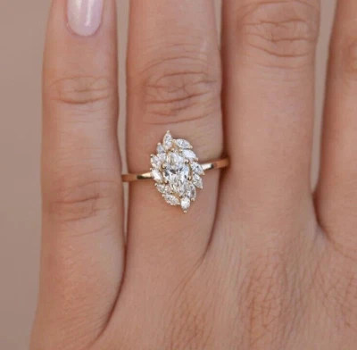 1.5 Ct Marquise Cut Moissanite Halo Engagement Ring 14K Solid Yellow Gold - Image 1 of 4