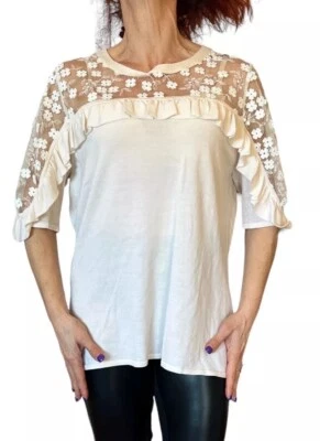 Elie Tahari 象牙色羊毛针织植物荷叶边短袖花卉蕾丝毛衣上衣 XL — 第 1/4 张图片