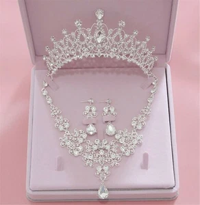 Women White Crystal Silver Party Prom Hair Headband Crown Tiara Necklace Earring - Picture 1 of 12