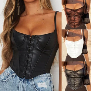 Womens Sexy Strappy PU Leather Cami Tank Low Cut Bustiers Crop Tops Corset Party - Picture 1 of 22