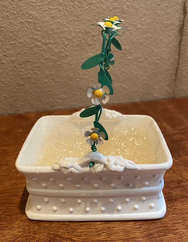 VINTAGE Matte WHITE with Raised Dots CERAMIC BASKET Wire Floral Handle And Egg Cover