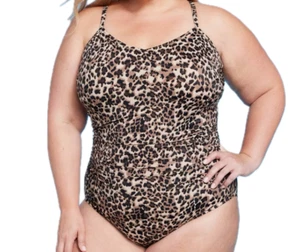 Aqua Green Women's Plus Leopard Print UPF 50 Ring Back One Piece Swimsuit 24 NEW - Picture 1 of 7