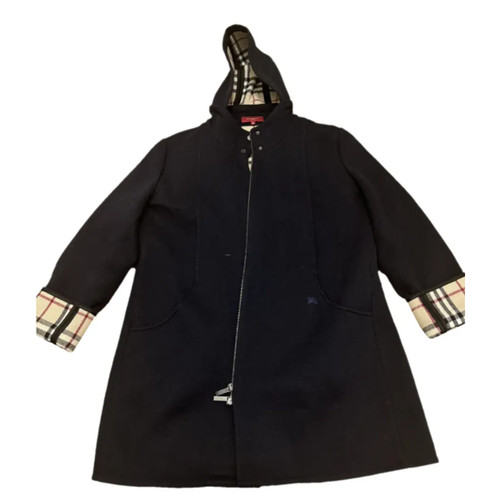 Cappotto Burberry donna taglia US 18 lana blu navy nova check con cappuccio autenticato