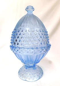 Gorham Crystal Emily's Attic Blue Hobnail Egg Shaped Covered Pedestal Candy Dish - Picture 1 of 10