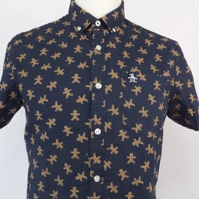 Penguin by Munsingwear Button Up Shirt Men's M Blue Short Sleeve Christmas - Image 1 of 4