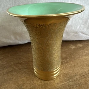 Art Deco Pickard Porcelain Vase Gold Rose Daisy Pattern Minty Green Signed/ Chip - Picture 1 of 6