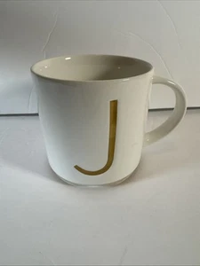 Williams Sonoma Monograma "J" Taza Cerámica Micro y Plato Seguro Blanco con Dorado - Imagen 1 de 3