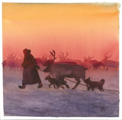 оригинальная картина 30 x 30 см 161ChO художественная акварель олени, зима - Изображение 1 из 4