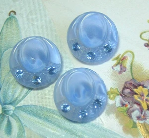 Set of 3 Vintage Dreamy Blue Moonglow Glass Hat Buttons with Blue Rhinestones - Picture 1 of 4