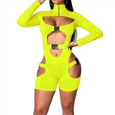 Women Sexy Party Buckle Jumpsuit Long Sleeve Hollow Out Bodycon Clubwear Yellow - Image 1 of 4