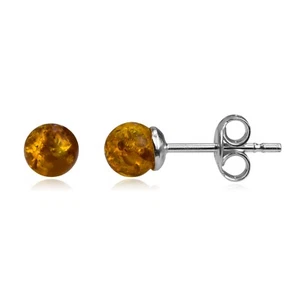 925 Solid Sterling Silver Honey Baltic Amber Classic Ball Small Stud Earrings - Picture 1 of 3