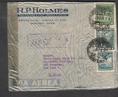 Chile maio 1945 Segunda Guerra Mundial capa censuradora registrada R P Holmes Santiago para Woolworth NY - Imagem 1 de 2