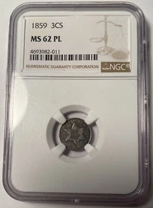 1859 3 Cent Silver Piece NGC MS62PL Toned Prooflike 3CS Pop 1 For The Date - Picture 1 of 6
