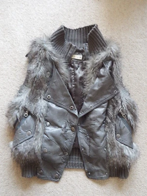 Label Lab Distressed Faux Fur & Faux Leather Waterfall Bomber Style Gilet Size 8 - Image 1 of 4