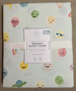 Pottery Barn Kids Funny Faces Emoji Organic Full Queen Duvet NWT - Picture 1 of 9