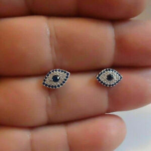 14k White Gold Over 1.3Ct Simulated Sapphire&Diamond Evil Eye Stud Gift Earrings