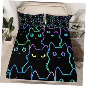 Cat Fitted Sheet for Girls Kids Teens, Kids Bed Sheets Queen(60"x80") Multi 88 - Picture 1 of 7