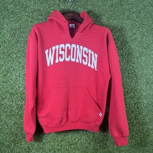 Vintage Russell Athletic Hoodie Mens Medium Wisconsin Pullover Red Distressed - Picture 1 of 10