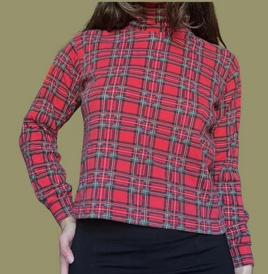 1990s Westbound Red Plaid Tartan Cotton Turtleneck Layering Fall Dark Academia - Image 1 of 4