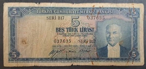 (1950s) Türkiye 5 Lirasi P154a Seri B17-0377365. - Picture 1 of 2
