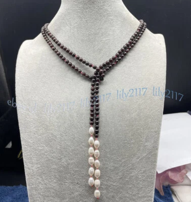 Encantador 50 pol. 5 mm granada vermelha escura pedras preciosas redondas contas brancas colares de pérolas - Imagem 1 de 4