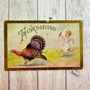 Antique Thanksgiving Postcard DISTURBING Child w Carving Knife Chasing Turkey - Picture 1 of 6