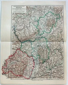 Grand Duchy of Hesse & Bavarian Palatinate Germany - Original 1909 Map by Meyers - Picture 1 of 3