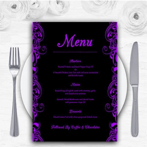 Black & Purple Swirl Deco Personalised Wedding Menu Cards - Imagen 1 de 1